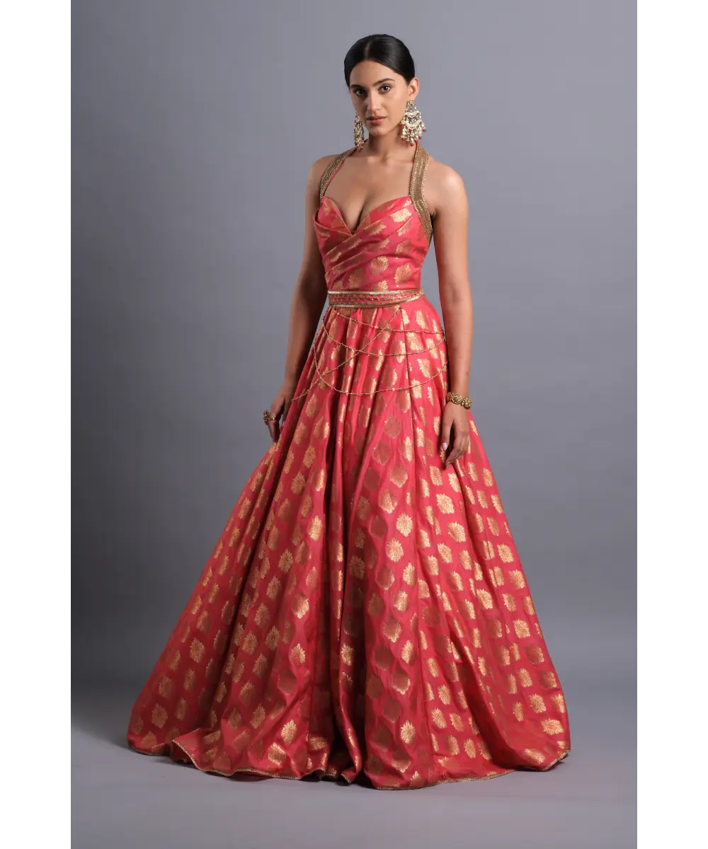 AASTHA SOOD - Crimson Halter Gown with Belt